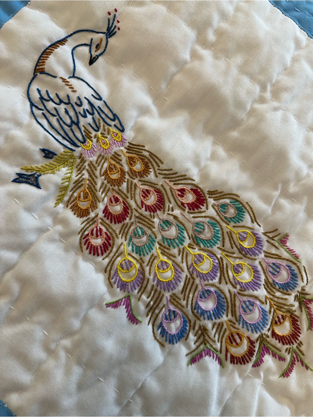 Vintage | Handcrafted Embroidered Peacock Quilt